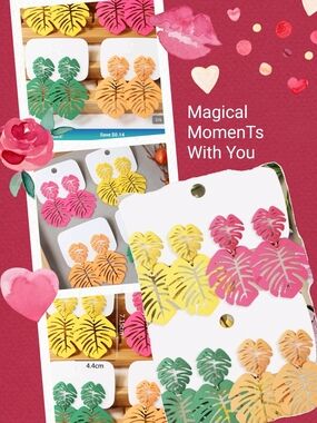 Tropical Monstera Leaf Dangle Earrings — Yellow, Pink, Green, Orange